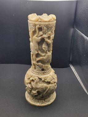 Vintage Chinese Carved  Soapstone Vase Lions And Elephants 8.5" Tall